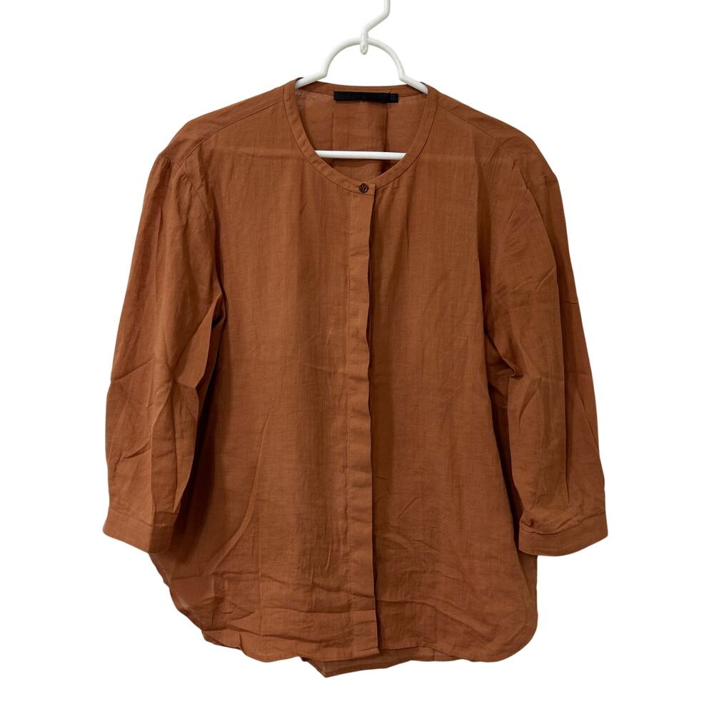 Jenni Kayne Womens Small James Button Up Rust Collarless Blouse Linen Lagenlook